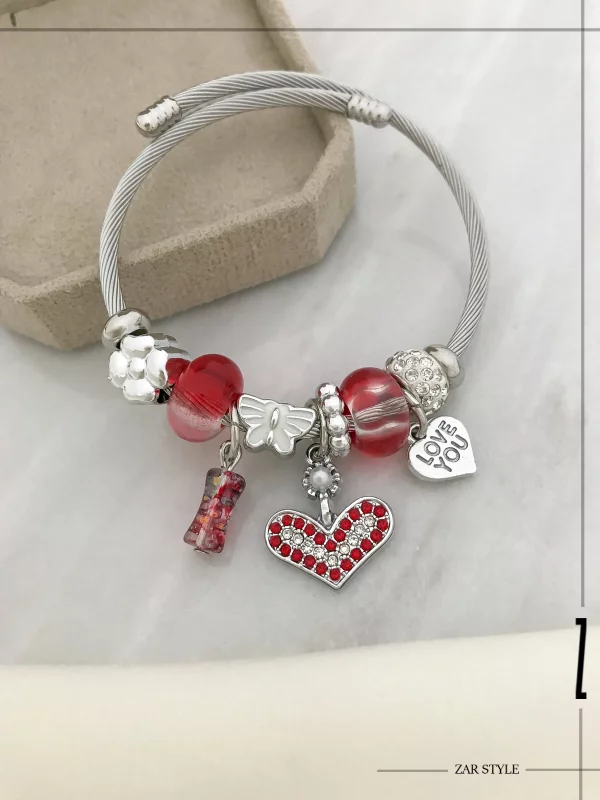 دستبند پاندورا  چارم قلب نگینی قرمز