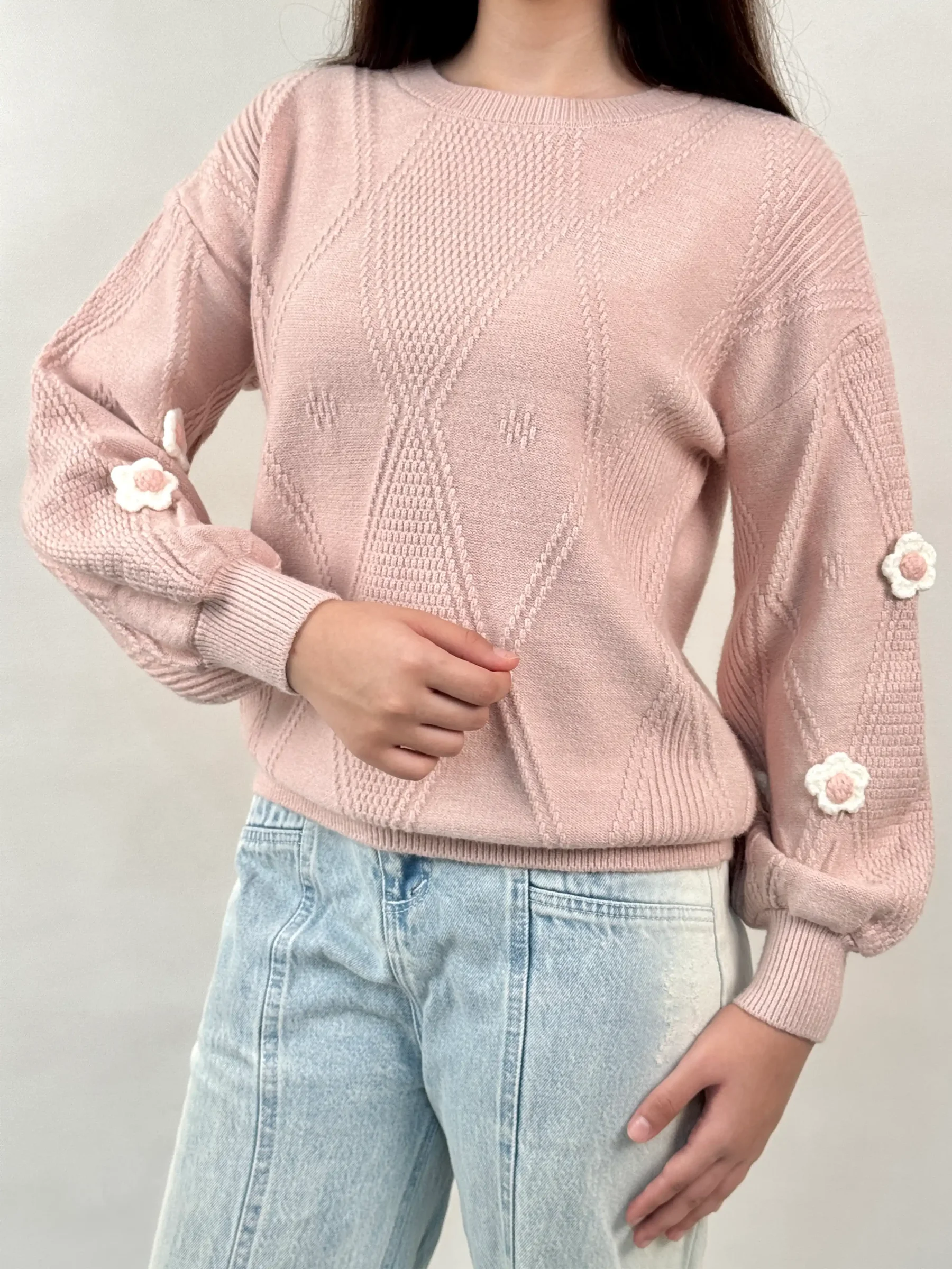 بافت آستین پفی گل‌ سفید