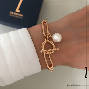 دستبند زنجیری تک مروارید قفل تی