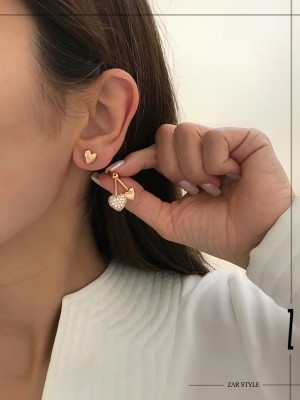 گوشواره قلب گیلاسی دو قطعه نگینی