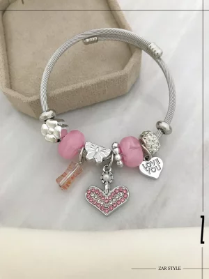 دستبند پاندورا  چارم قلب نگینی صورتی