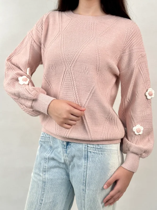 بافت آستین پفی گل‌ سفید