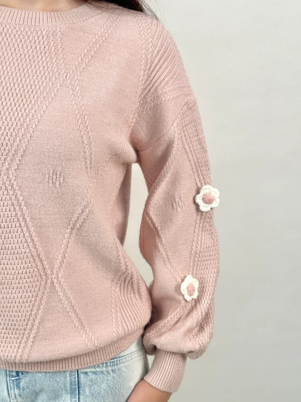 بافت آستین پفی گل‌ سفید