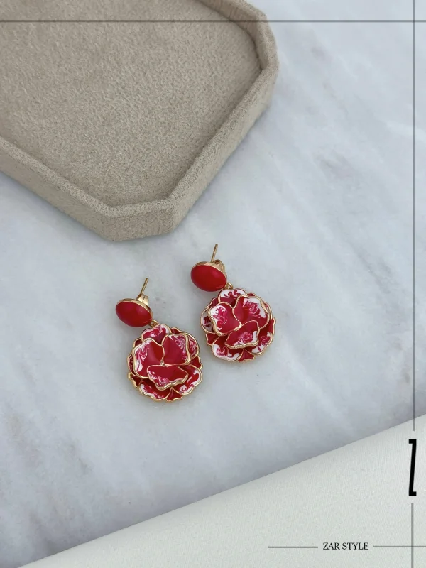 گوشواره آویز گل میناکاری قرمز