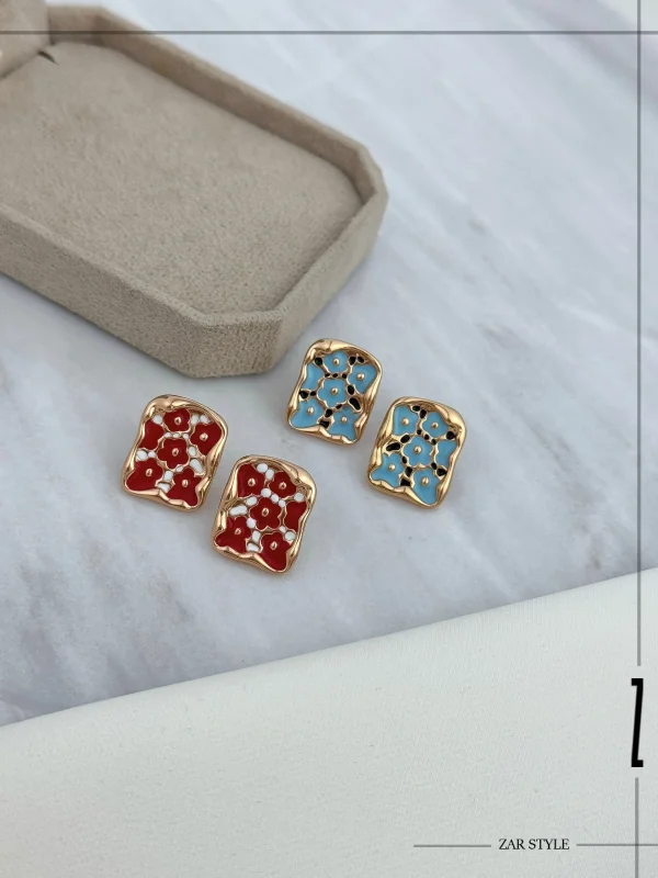 گوشواره میناکاری گل‌دار مستطیلی