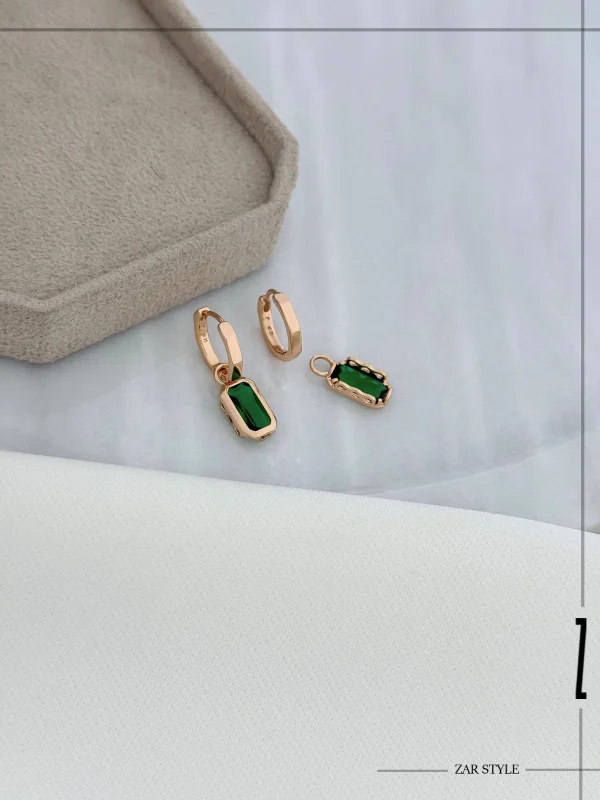 گوشواره حلقه‌ای دو قطعه آویز نگین مستطیلی