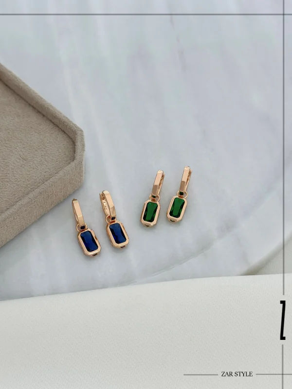 گوشواره حلقه‌ای دو قطعه آویز نگین مستطیلی