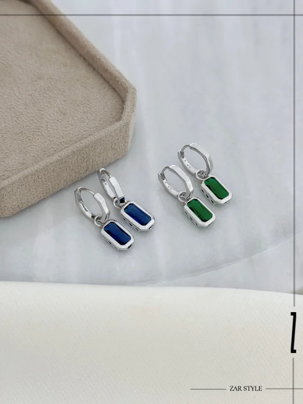 گوشواره حلقه‌ای دو قطعه آویز نگین مستطیلی سیلور