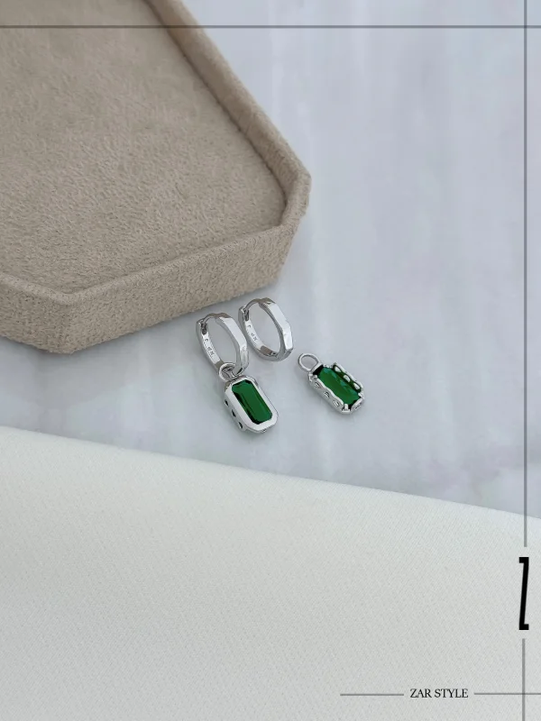 گوشواره حلقه‌ای دو قطعه آویز نگین مستطیلی سیلور