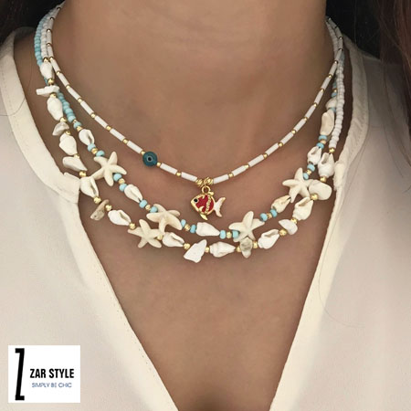 گردنبند صدفی سفید و آبی مناسب یقه باز