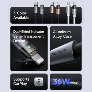 کابل شارژ سریع تایپ‌سی به لایتنینگ 36 وات 1.2 متری کارپلی مک‌دودو