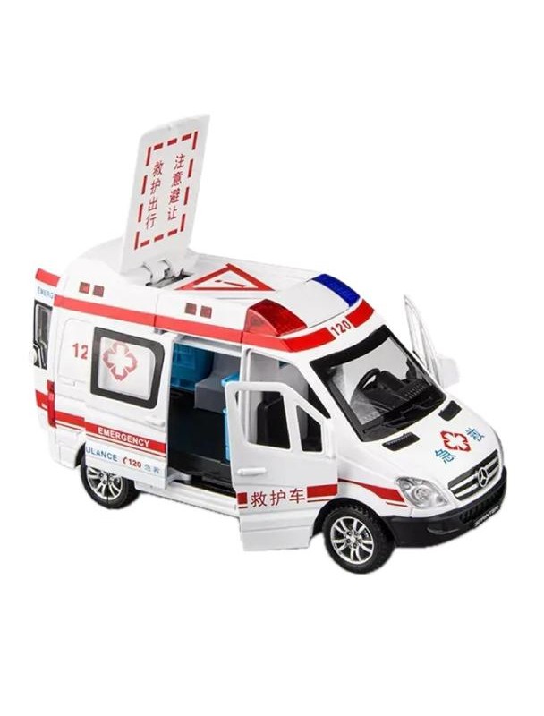 ماشین فلزی آمبولانس پنج دربازشو با برانکارد 1/32 چراغدار و موزیکال