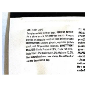 ترکیبات درج‌شده روی بسته تشویقی سگ Wanpy Curvy Chips
