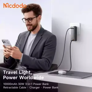 پاوربانک و آداپتور شارژ دیواری 30وات ظرفیت 10000 مک دودو مدل Mcdodo MC-3181 بهمراه کابل جمع شونده تایپ سی