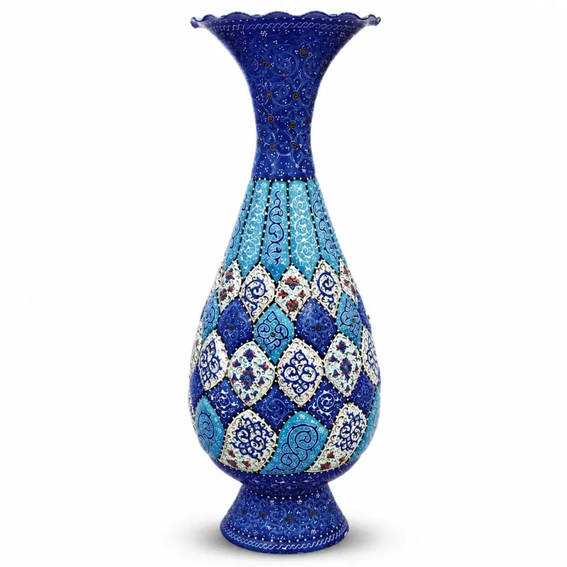 گلدان میناکاری مسی طرح اسلیمی و ختایی - تک ۲۵ سانتی‌متری