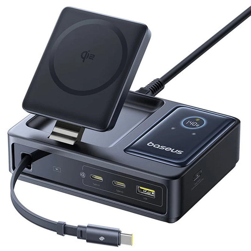 شارژر وایرلس 15 وات و هاب شارژر USB، تایپ‌سی و کابل تایپ‌سی جمع شونده 140 وات بیسوس Baseus CCNMS140 P10170901123-00