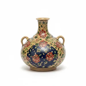 گلدان سفالی دسته‌دار (طرح گل و مرغ) – ارتفاع ۲۰ سانتی‌متر
