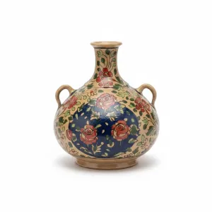 گلدان سفالی دسته‌دار (طرح گل و مرغ) – ارتفاع ۲۰ سانتی‌متر