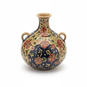 گلدان سفالی دسته‌دار (طرح گل و مرغ) – ارتفاع ۲۰ سانتی‌متر
