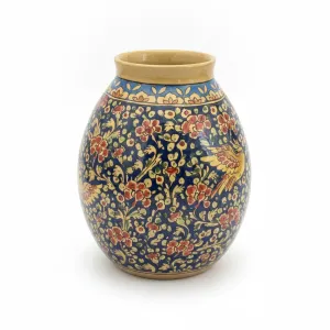 گلدان (ظرف دردار) سفالی بلونی کشیده (طرح گل و مرغ) – ارتفاع ۳۵ سانتی‌متر