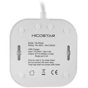 چند راهی برق 8 سوکت 2500 وات، دو USB و دو تایپ‌سی هایکواستار Hicostar HS-PS322