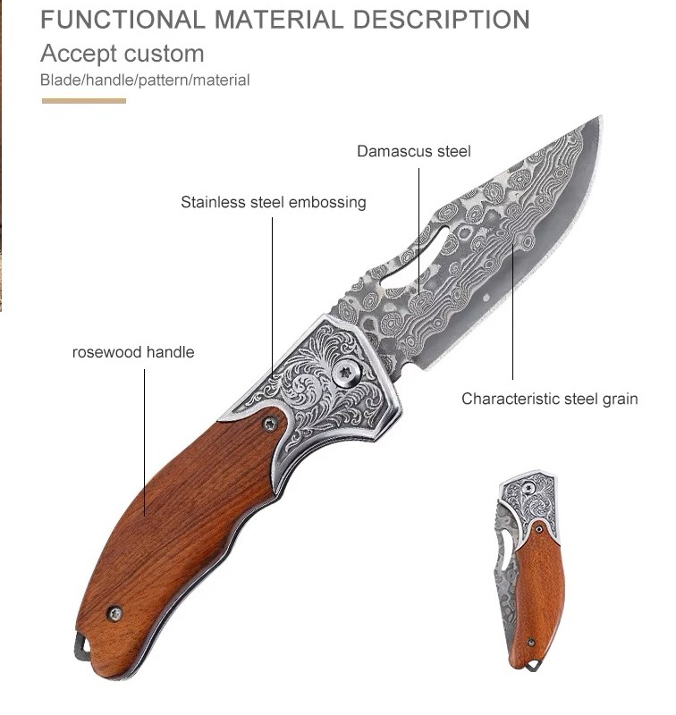 چاقو تاشو دمشقی اصل همراه با کیف چرم گاومیش