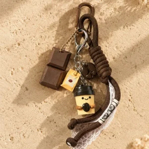 جاکلیدی آویز قهوه و شکلات با بند بافت