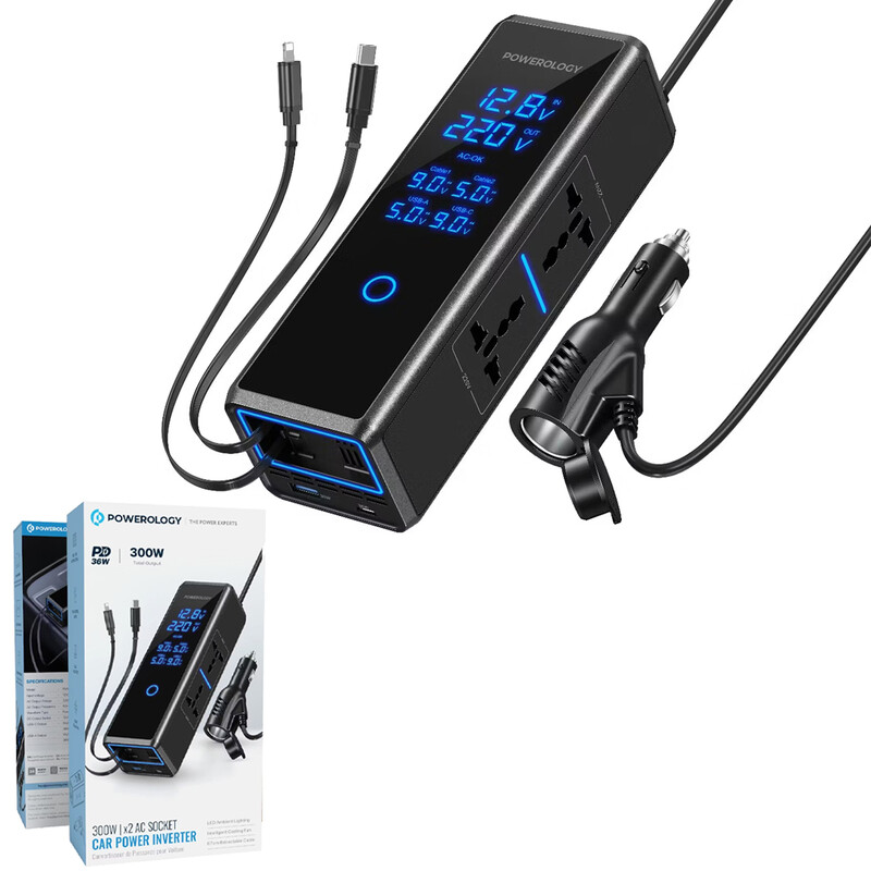 اینورتر فندکی 300 وات پاورولوژی Powerology مدل PWCUQC044/PWCPI300W با کابل