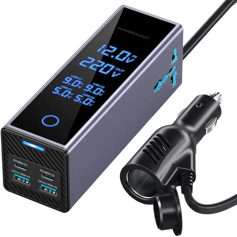 اینورتر فندکی USB و تایپ‌سی 300 وات پاورولوژی PWCUQC044