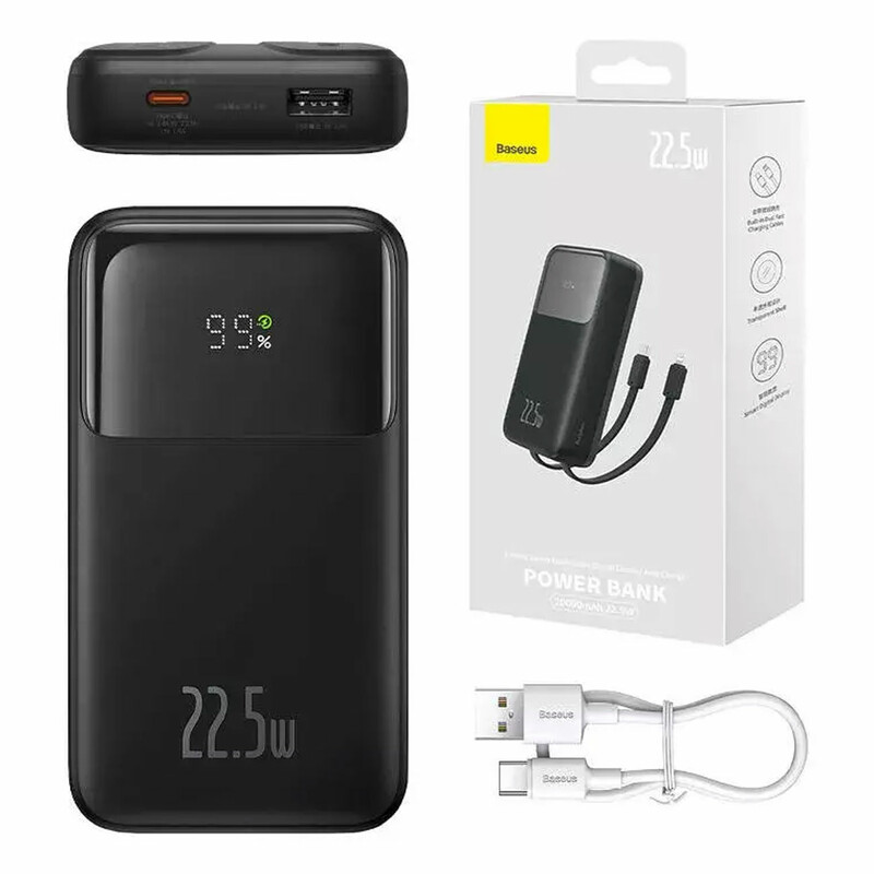 پاور بانک 10000 تایپ سی و یو اس بی با کابل تایپ سی و لایتنینگ 22.5 وات بیسوس PPMD020001