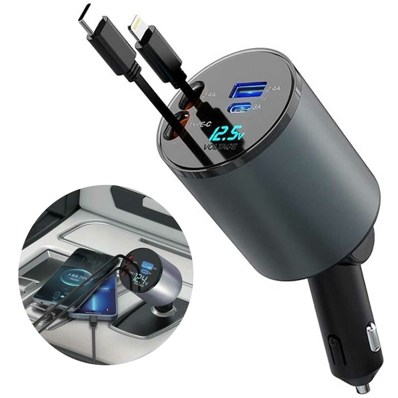 شارژر فندکی فست شارژ ماشین تایپ سی و لایتنینگ 50 وات گرین GN4IN1CARCGY