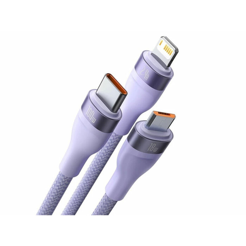 کابل شارژ و دیتا سه‌سر میکرو، تایپ‌سی و لایتنینگ بیسوس Baseus Flash Series One-for-three Fast Charging Data Cable USB (CASS040001)