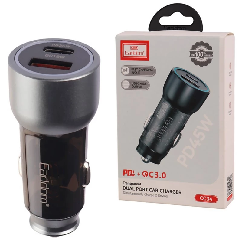 شارژر فندکی فست شارژ ماشین 25 وات 3 آمپر دو پورت ارلدام EARLDOM CC34