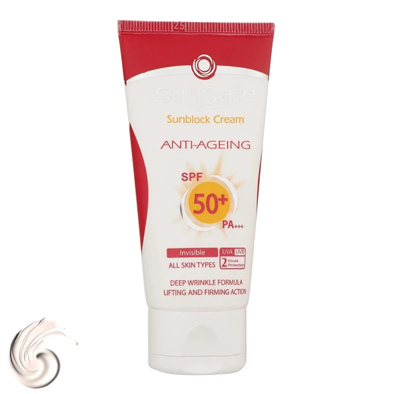 کرم ضد آفتاب و ضدچروک بی رنگ سان سیف SPF50 مناسب انواع پوست 50 میلی‌لیتر