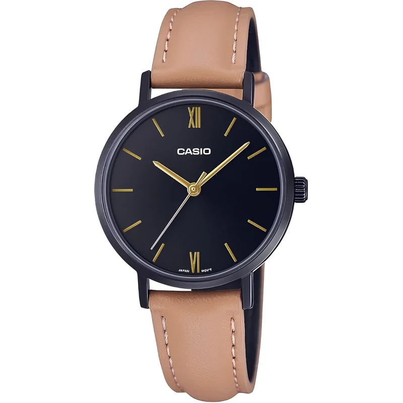 ساعت مچی زنانه کاسیو Casio مدل LTP-VT02BL-1AUDF صفحه مشکی و بند بژ