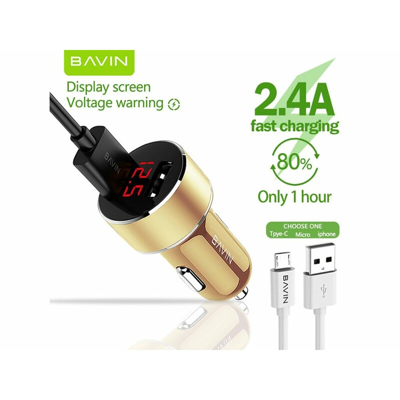 شارژر فندکی یواس‌بی با کابل میکرو باوین BAVIN PC373 2.4A Digital Power Indicator Car Charger Dual USB Port 12W
