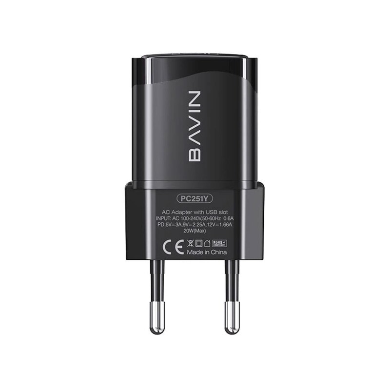 شارژر دیواری تایپ‌سی فست شارژ باوین BAVIN 20W PD Wall Travel Mobile Phone Adapter Fast Charger PC251Y