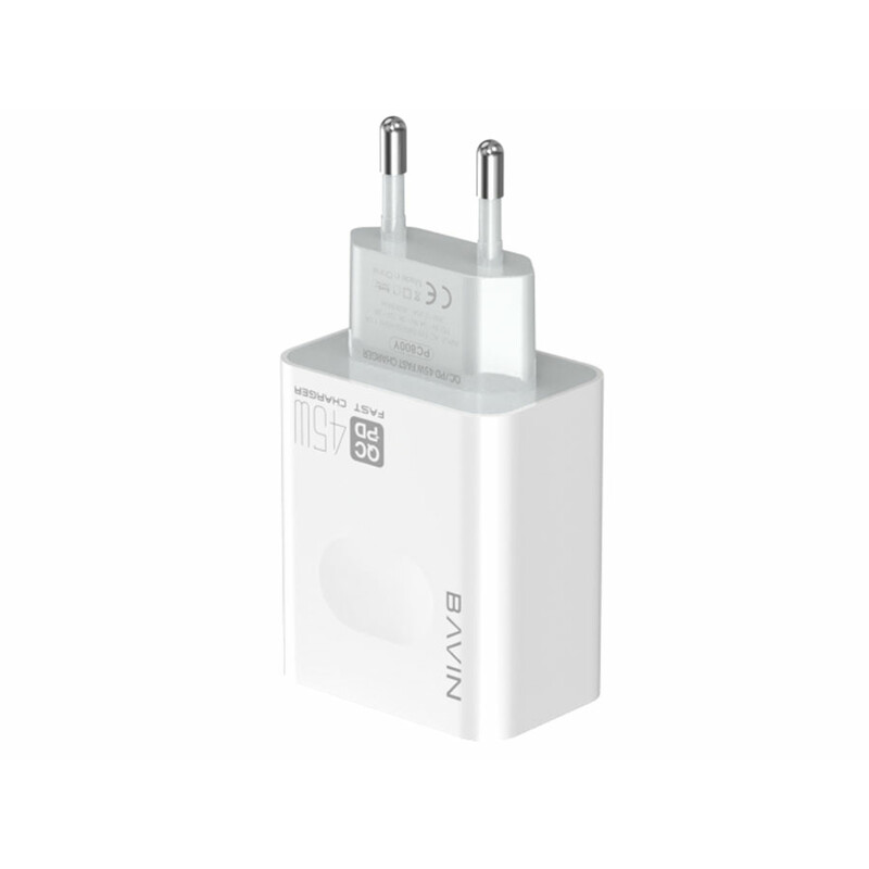 شارژر دیواری فست شارژ با کابل تایپ ‎سی باوین BAVIN Intelligent 45W PD Fast QC3.0 Wall Charger Adapter USB-C PC800Y