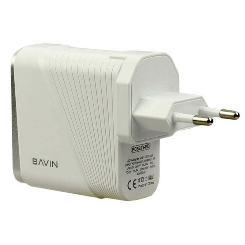 شارژر دیواری فست شارژ یواس‌بی و تایپ‌سی باوین BAVIN PD + QC3.0 Fast Charger Adapter 4 Output PD 40W Fast Charging Charger PC522Y-PD