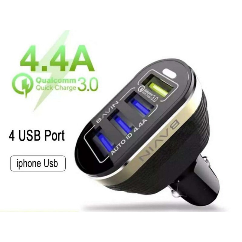 شارژر فندکی فست شارژ ماشین چهار پورت به همراه کابل لایتنینگ باوین PC587