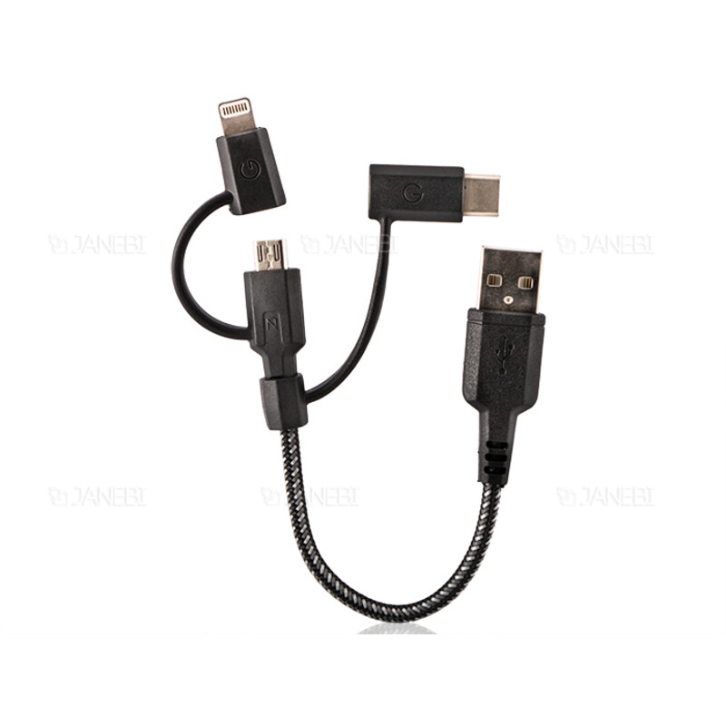 کابل شارژ سه سر میکرو یو اس بی و لایتنینگ و تایپ سی انرژیا Energea Nylotough Cable 3 In 1 Micro USB And Lightning And Type-C 18CM