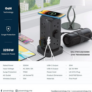 PWCUQC025BK POWEROLOGYچند راهی برق پورودو Porodo مدل PBFWCH035 با 8 سوکت و 4 پورت