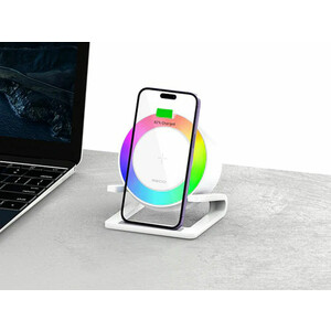 شارژر بی سیم 15 واتی و اسپیکر بلوتوثی رومیزی 4کاره رسی RECCI RSK-W28 15W Wireless Charger with Speaker