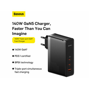 شارژر دیواری سوپر فست شارژ بیسوس Baseus GaN5 Pro Fast Charger 2C+U 140W EU CCGP100201