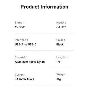مشخصات کابل شارژ سریع USB به تایپ C فست شارژ 60 وات 3 آمپر 1 متری مک دودو