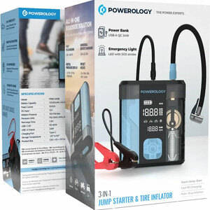 جعبه جامپ استارتر و پمپ باد پاورولوژی Powerology مدل PPBCHA96BKBU ظرفیت 12000mAh