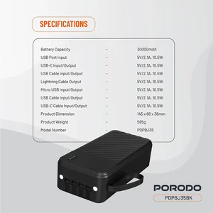 پاور بانک 30000 پورودو Porodo مدل PDPBJ35BK با کابل و چراغ قوه