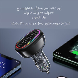 کیفیت شارژر فندکی فست شارژ ماشین تایپ سی 48 وات طرح شفاف یوسامز