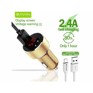 شارژر فندکی یواس‌بی با کابل میکرو باوین BAVIN PC373 2.4A Digital Power Indicator Car Charger Dual USB Port 12W