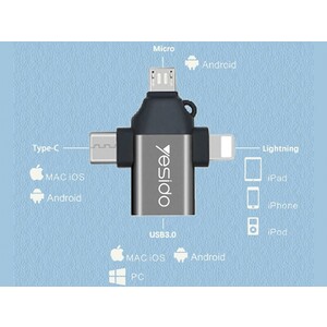مبدل میکرو یو اس بی تایپ سی و لایتنینگ یسیدو Yesido GS15 3 In 1 OTG Adapter USB To Type-C/Micro USB/Apple Port Converter
